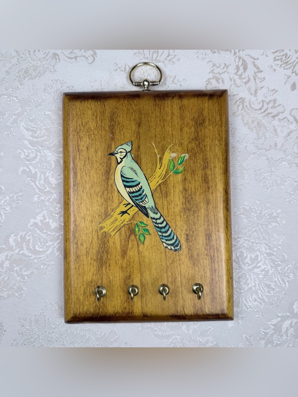 Vintage Wooden Bird Decal Key Rack, Hooks, 5.5x7.5”